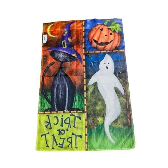 Vintage Halloween Trick or Treat Ghost Black Cat Pumpkin Flag 25" x 38" - Picture 2 of 2